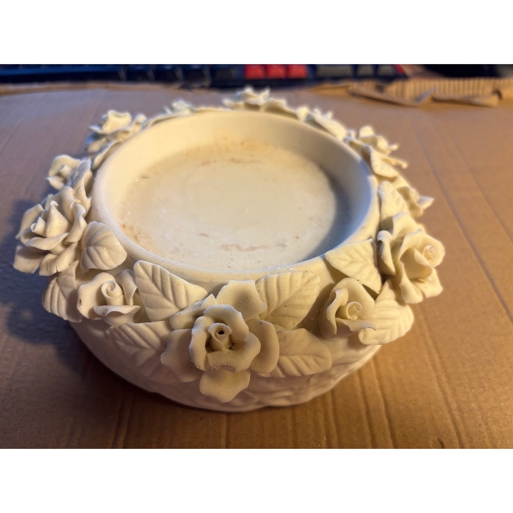 Ceramic Candle/Plant Holder Ivory Trimmed With Roses